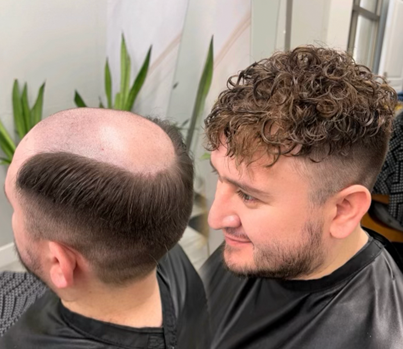 Curly men's hair unit before-and-after result at Faded By the Queen in Huntersville