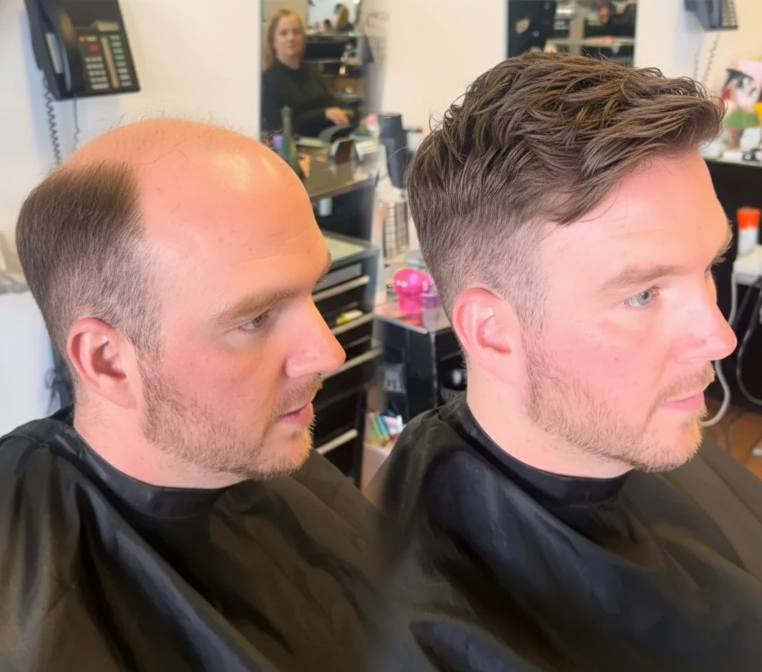 Men's non-surgical hair replacement before-and-after result in Huntersville