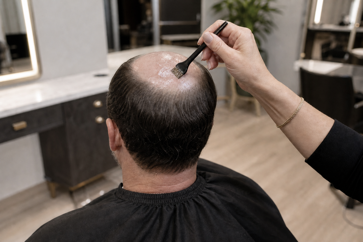 Hair system application preparation with adhesive at a Huntersville salon